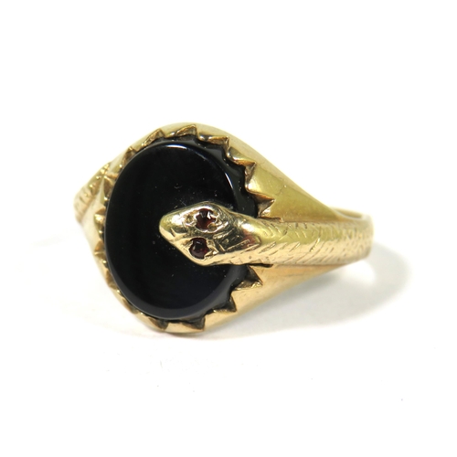 528A - 9ct Yellow Gold Ring set with a circular Black Onyx Stone which has a snake entwined on the shank an... 