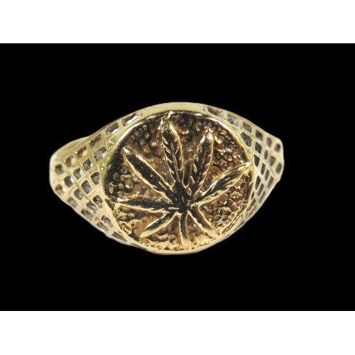 533A - 9ct Yellow Gold Signet Ring with Pierced Shoulders and Horticultural Motif.   Finger size 'O'   2.1g