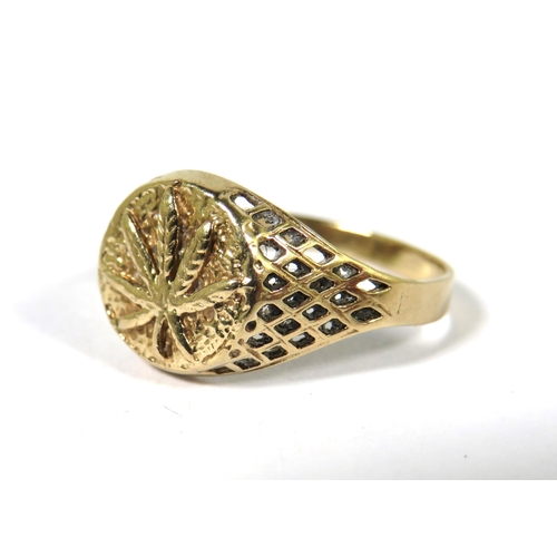 533A - 9ct Yellow Gold Signet Ring with Pierced Shoulders and Horticultural Motif.   Finger size 'O'   2.1g