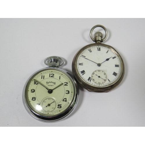 544A - Two Pocket Watches. A Chrome case British Made 'Services' Army Watch with luminous hands and hour sp... 