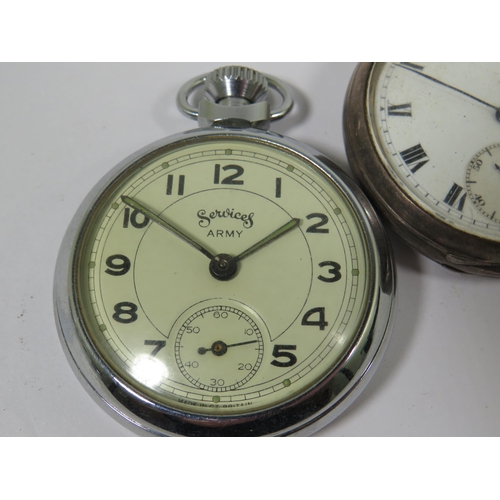 544A - Two Pocket Watches. A Chrome case British Made 'Services' Army Watch with luminous hands and hour sp... 