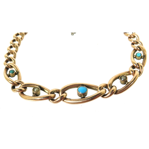 336A - 9ct Yellow Gold Link Bracelet set with Turquoise and seed pearls,  7 inches long. Fitted with safety... 