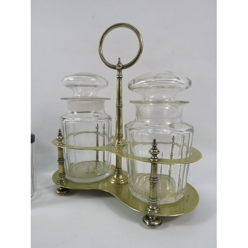 185a - Vintage pickle jars set in white metal stand, cruet set and a lidded glass jar.