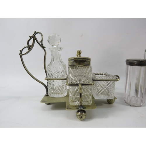 185a - Vintage pickle jars set in white metal stand, cruet set and a lidded glass jar.