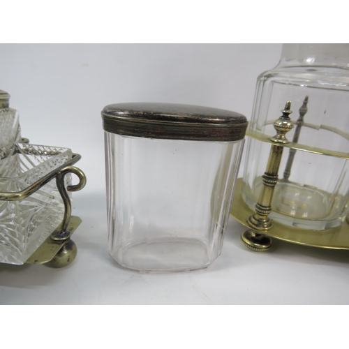 185a - Vintage pickle jars set in white metal stand, cruet set and a lidded glass jar.