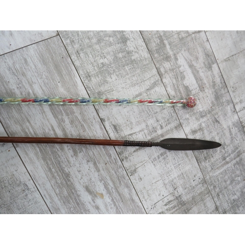 72a - Vintage tribal spear and a glass walking cane, the longest measures 55.5