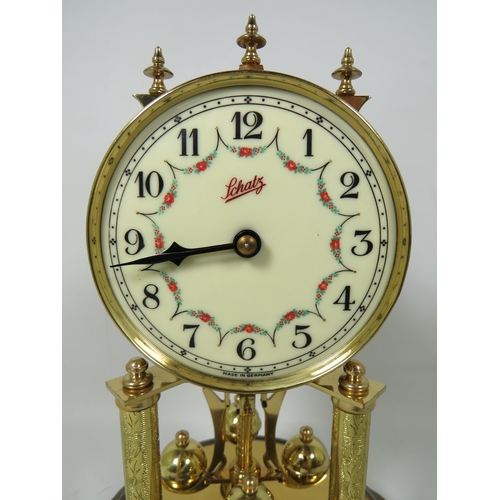 252A - Vintage Mechanical Anniversary clock by 'Schatz' with Glass dome, Adjustable feet. With key in runni... 