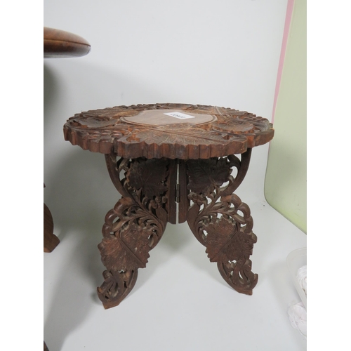 258A - Indian Made Dinner Gong with striker together with two small pierced wood Gypsy tables, one with Bon... 