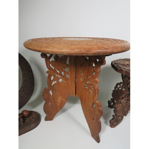 258A - Indian Made Dinner Gong with striker together with two small pierced wood Gypsy tables, one with Bon... 