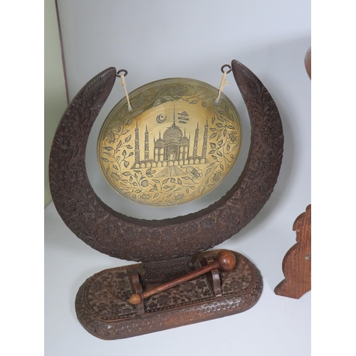 258A - Indian Made Dinner Gong with striker together with two small pierced wood Gypsy tables, one with Bon... 