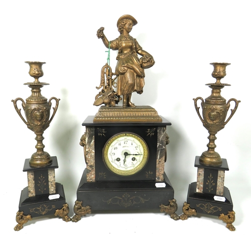 81A - Lovely 19th Century French made Mantle Clock with Spelter decoration to top with matching Slate and ... 