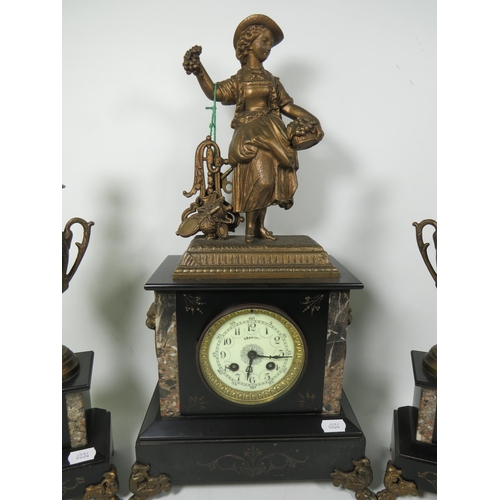 81A - Lovely 19th Century French made Mantle Clock with Spelter decoration to top with matching Slate and ... 