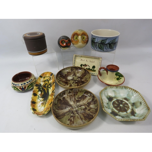 1098 - Various Studio pottery items including Celtic, Alvingham, Mottoware etc plus two carved agate Owl pa... 