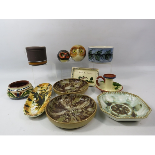 1098 - Various Studio pottery items including Celtic, Alvingham, Mottoware etc plus two carved agate Owl pa... 