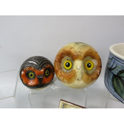 1098 - Various Studio pottery items including Celtic, Alvingham, Mottoware etc plus two carved agate Owl pa... 