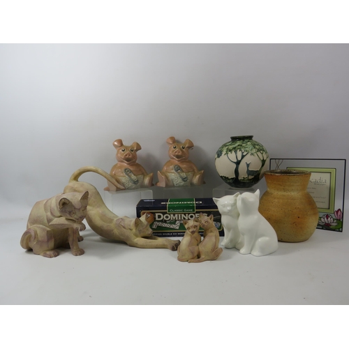 1099 - Mixed lot to include Studio pottery, Wade pig banks, and cat figurines including one by Coalport. Et... 