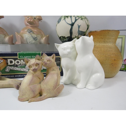 1099 - Mixed lot to include Studio pottery, Wade pig banks, and cat figurines including one by Coalport. Et... 