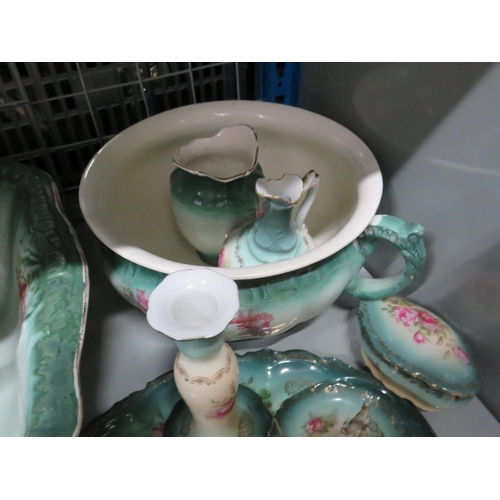 1101 - Vintage ceramic wash set Jug and bowl plus dressing table set etc. (some pieces have been repaired.