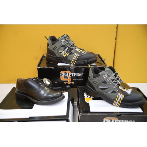 966 - Two pairs of boots by Grafters plus a pair of leather safety Shoes. Sizes 5,   6  &  10.  With Boxes... 