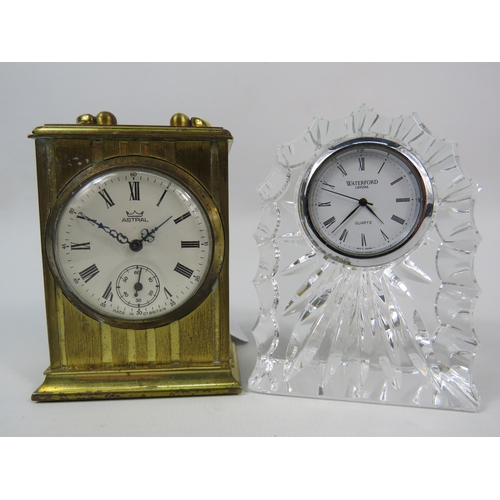 13 - Small Vintage brass mechanical mantle clock by Astral plus a Quartz crystal clock by Waterford.