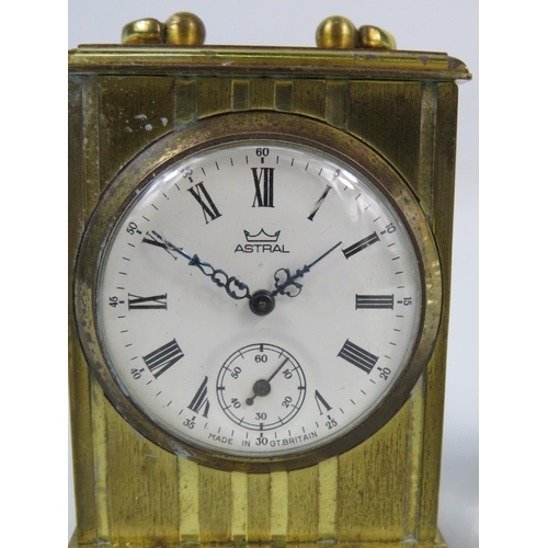 13 - Small Vintage brass mechanical mantle clock by Astral plus a Quartz crystal clock by Waterford.