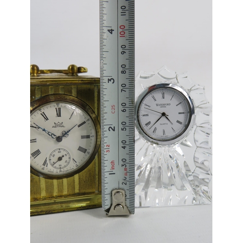 13 - Small Vintage brass mechanical mantle clock by Astral plus a Quartz crystal clock by Waterford.