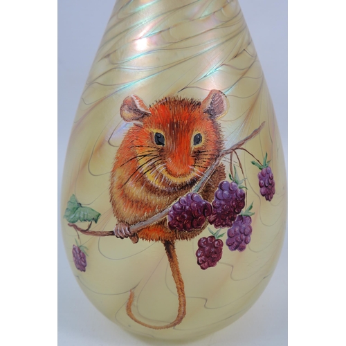 14 - Okra Gold iridescent vase with a  hand decorated enamel painting of a harvest mouse, signed Terri L ... 