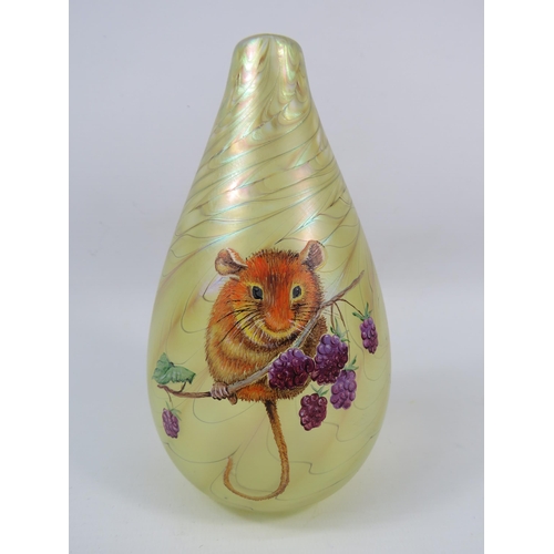 14 - Okra Gold iridescent vase with a  hand decorated enamel painting of a harvest mouse, signed Terri L ... 