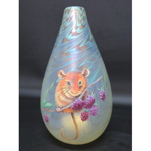 14 - Okra Gold iridescent vase with a  hand decorated enamel painting of a harvest mouse, signed Terri L ... 