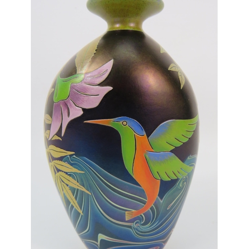 16 - Okra iridescent art glass bottle hand decorated enamel painting of a hummingbird signed Terri L Coll... 