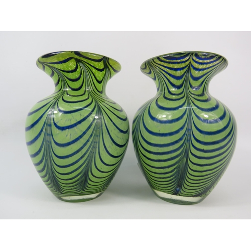 22 - Pair of Kralik art glass vases with green / blue pulled feather pattern, 6