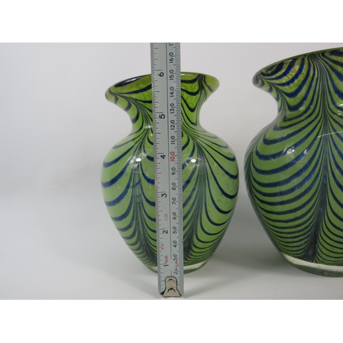 22 - Pair of Kralik art glass vases with green / blue pulled feather pattern, 6