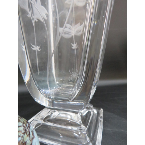 25 - Large Steven Piper etched glass vase decorated with various flowers and insects, 9 3/4