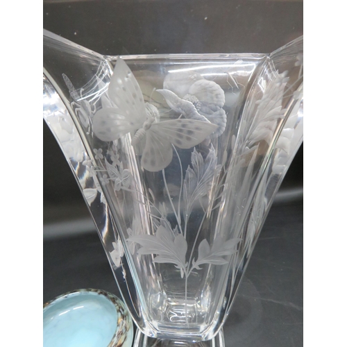 25 - Large Steven Piper etched glass vase decorated with various flowers and insects, 9 3/4