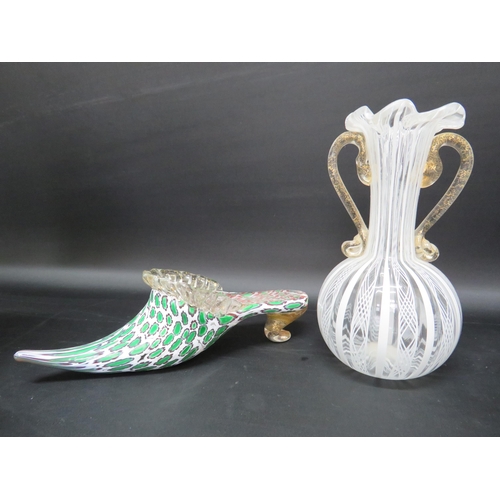 32 - 1960s Murano Latticino glass twin handle vase 5