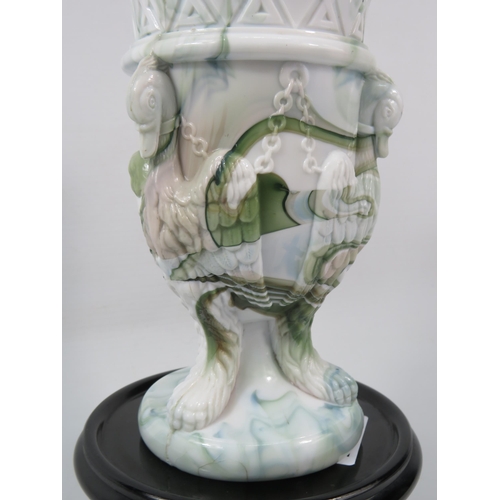 39 - Sowerby Moulded Marbled Slag glass Gryphon vase (Swans with Lion paws) c1880s. 6 3/4