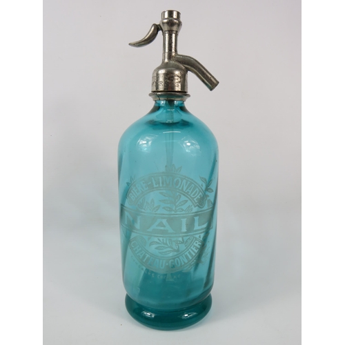 49 - Vintage French Uranium blue glass soda syphon, 12.5