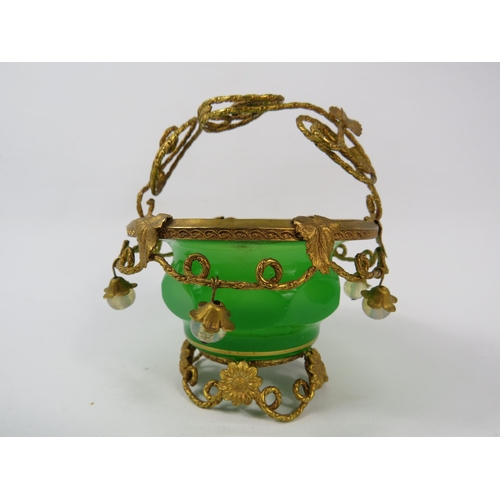 50 - Antique Palais Royal french green opaline uranium ormulu basket with flower and leaf detail and whit... 