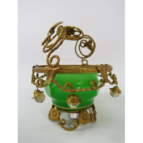 50 - Antique Palais Royal french green opaline uranium ormulu basket with flower and leaf detail and whit... 