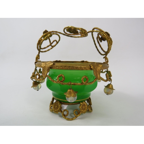 50 - Antique Palais Royal french green opaline uranium ormulu basket with flower and leaf detail and whit... 