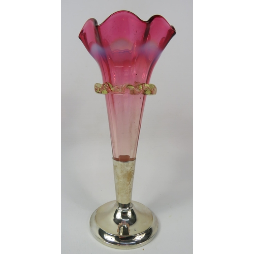 52 - Victorian cranberry uranium glass trumpet vase with applied decoration & silverplated base, 7