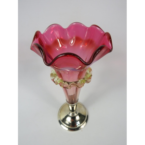 52 - Victorian cranberry uranium glass trumpet vase with applied decoration & silverplated base, 7