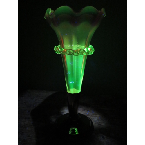 52 - Victorian cranberry uranium glass trumpet vase with applied decoration & silverplated base, 7