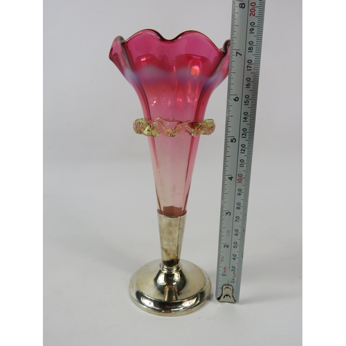 52 - Victorian cranberry uranium glass trumpet vase with applied decoration & silverplated base, 7