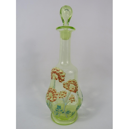 56 - Victorian Uranium glass decanter with handpainted enamel flower decoration, 10.5