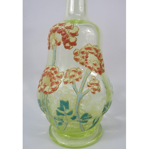 56 - Victorian Uranium glass decanter with handpainted enamel flower decoration, 10.5