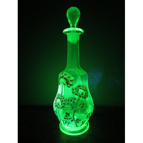 56 - Victorian Uranium glass decanter with handpainted enamel flower decoration, 10.5