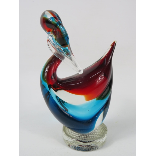 59 - Vintage Murano Red Blue and clear uranium glass duck, 5.5