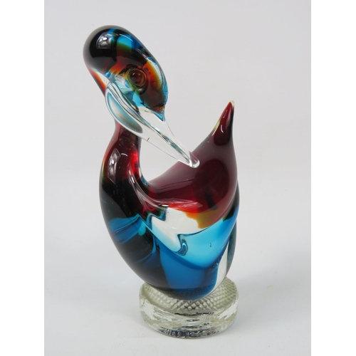 59 - Vintage Murano Red Blue and clear uranium glass duck, 5.5