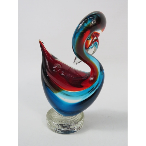 59 - Vintage Murano Red Blue and clear uranium glass duck, 5.5